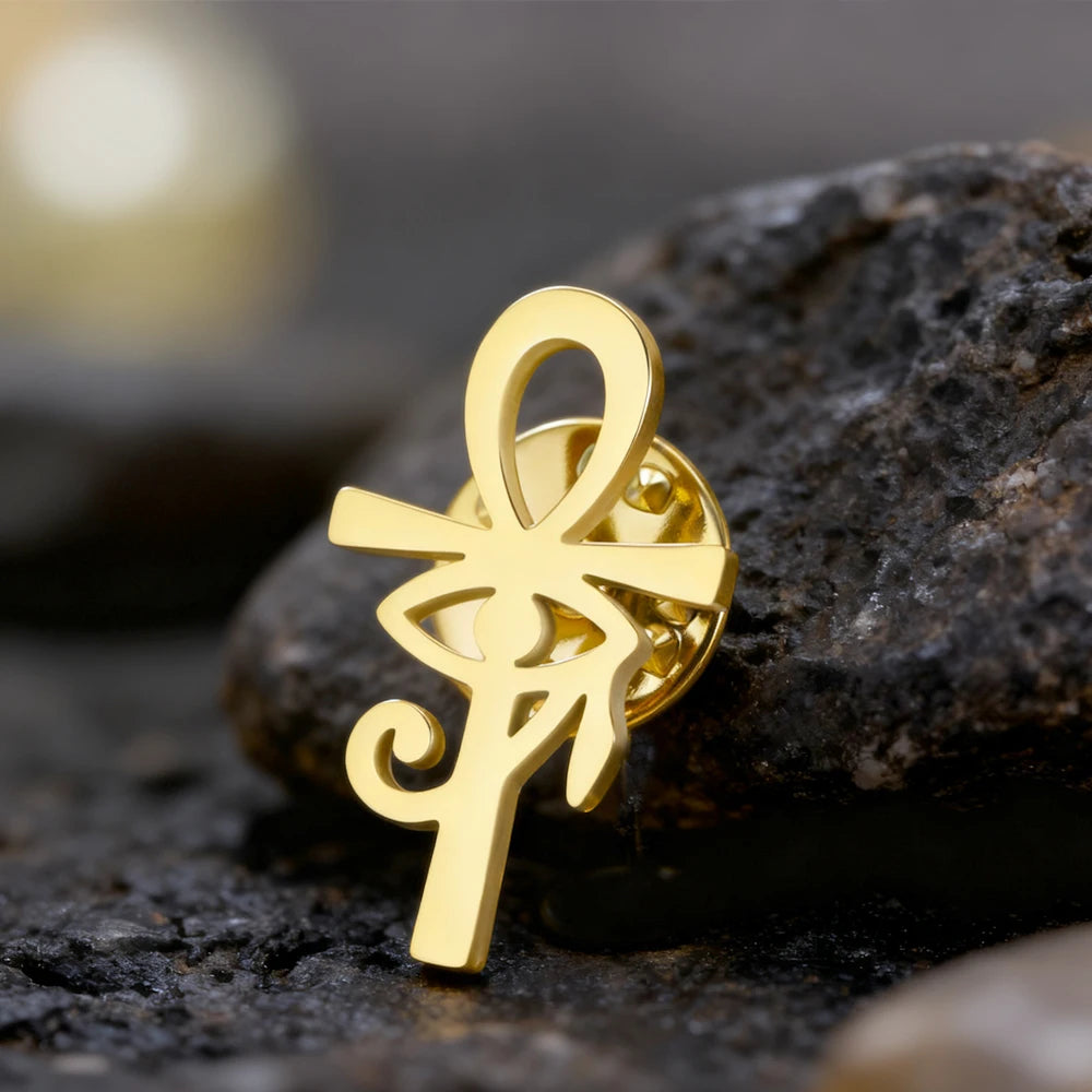 Dawapara Ankh Cross Brooch Ancient Egyptian Eye of Horus Lapel Pins Protection Amulet Stainless Steel Jewelry
