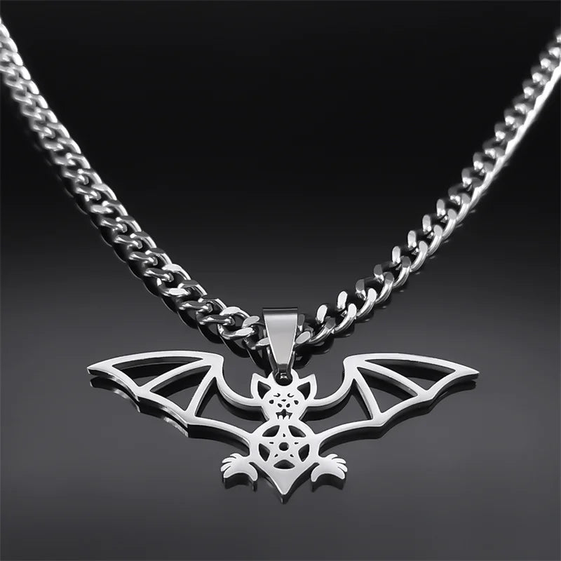 Gothic Bat Pentagram Necklace — Silver