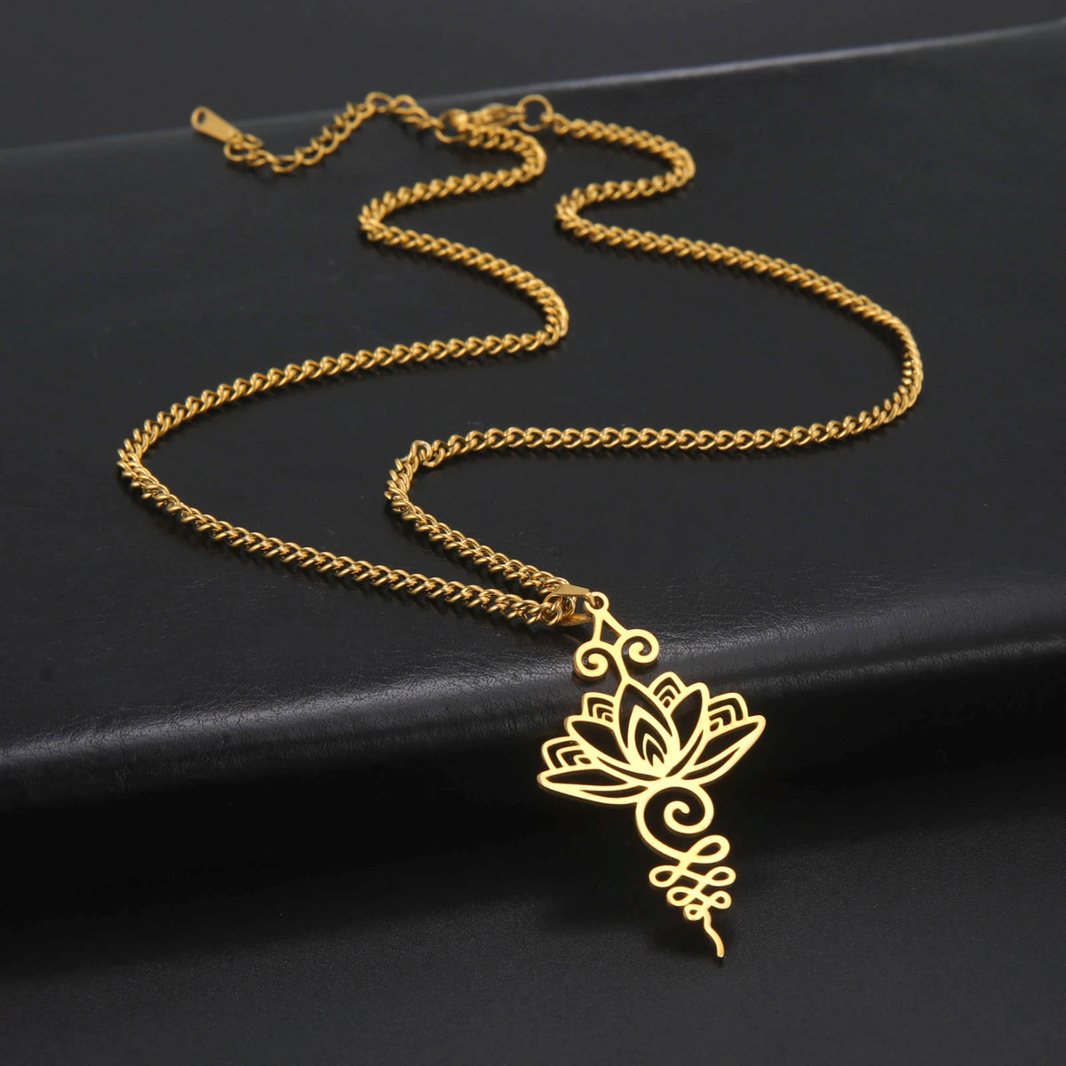 Unalome Lotus Flower Pendant Necklace — Stainless Steel Chain