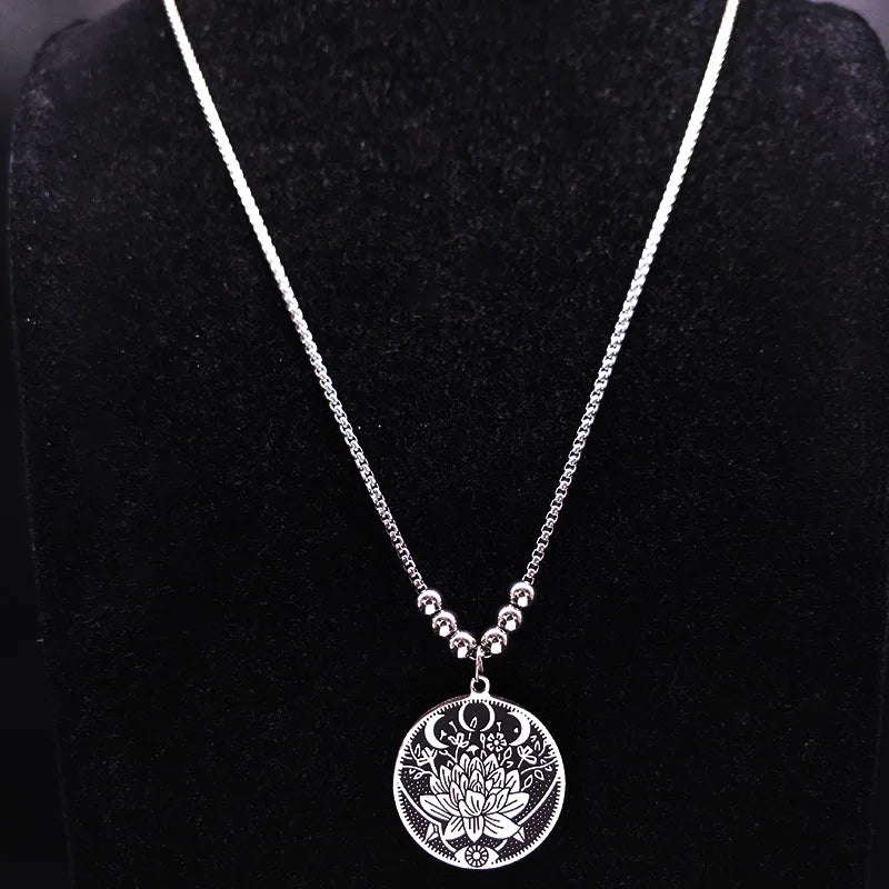 Wicca Lotus Stainless Steel Necklaces Pendants for Men Black Silver Color Moon Eye Long Chain Necklace Jewelry Colgante Hombre