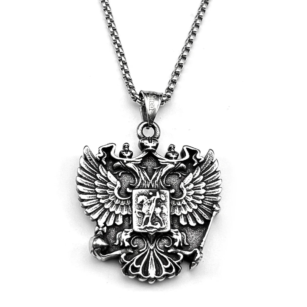 Russian Double-Headed Eagle National Emblem Symbol Pendant Necklaces for Women Men Silver Color Stainless Steel Jewelry Gift