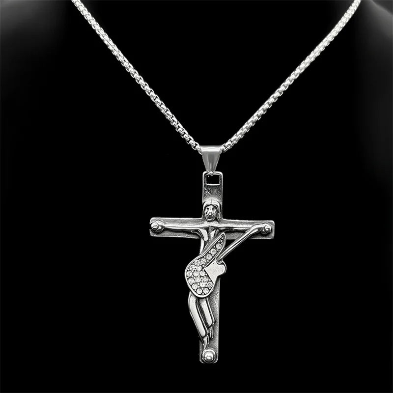 Cross Jesus Crucifix Silver Pendant Guitar Punk