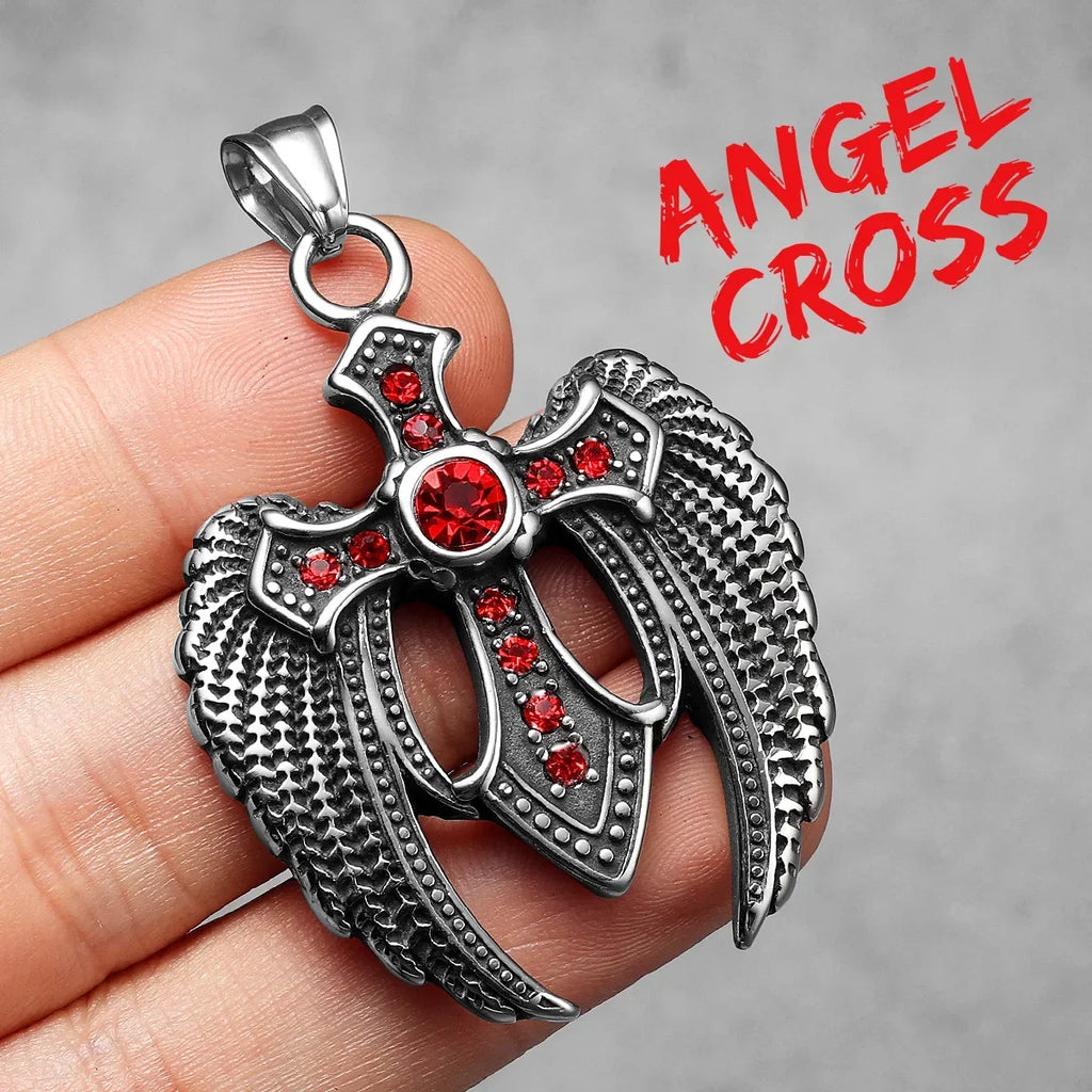 Angel Wing Cross Pendant — Stainless Steel