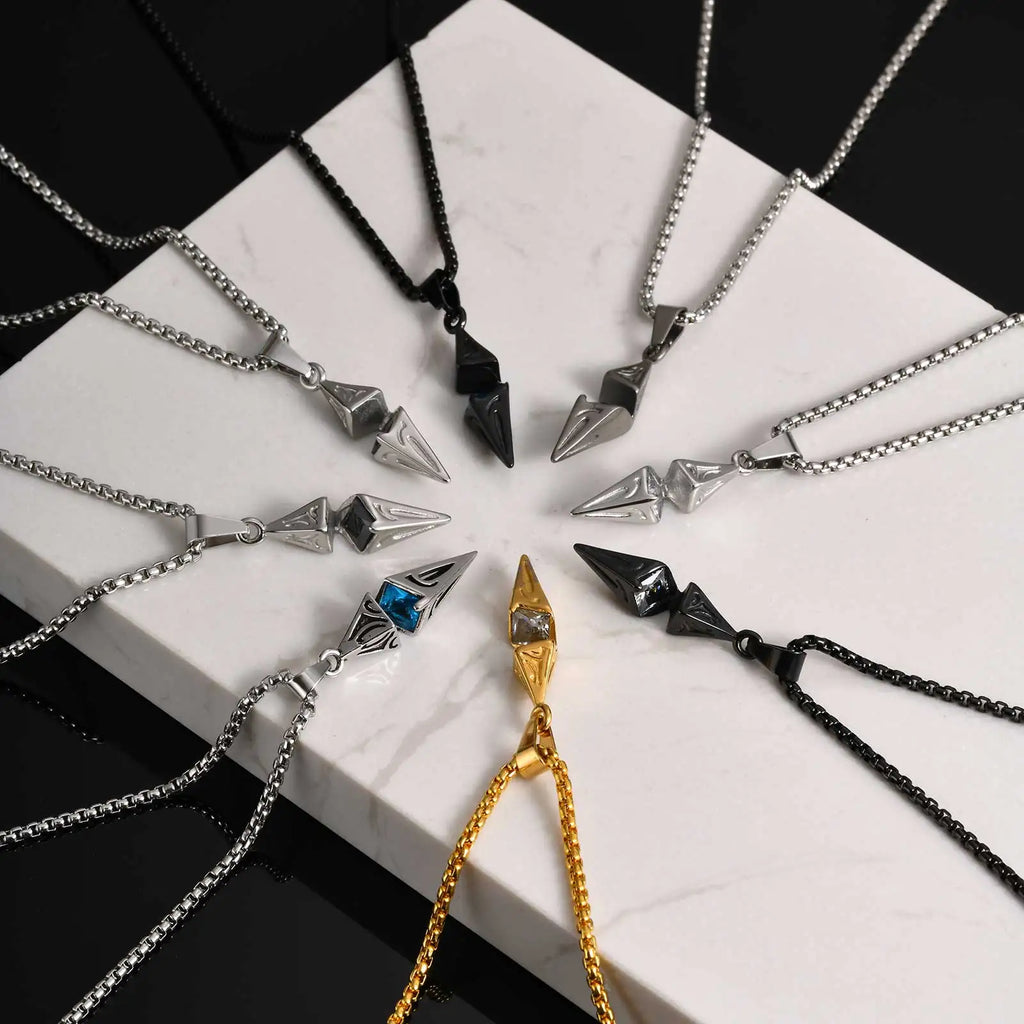 Blue Stone Geometric Pendant Necklace — Stainless Steel
