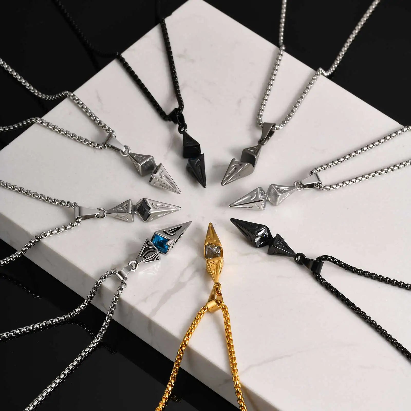 Blue Stone Geometric Pendant Necklace — Stainless Steel