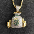 Hip Hop Ice Out Dollar Money Bag Necklace Shiny Cubic Zirconia Wallet Pendant for Men Women Hip Hop Rock Rap Cool Jewelry