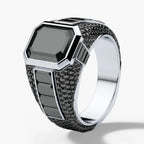 Vintage Black Stone Four-Prong Ring for Men — Two-Tone