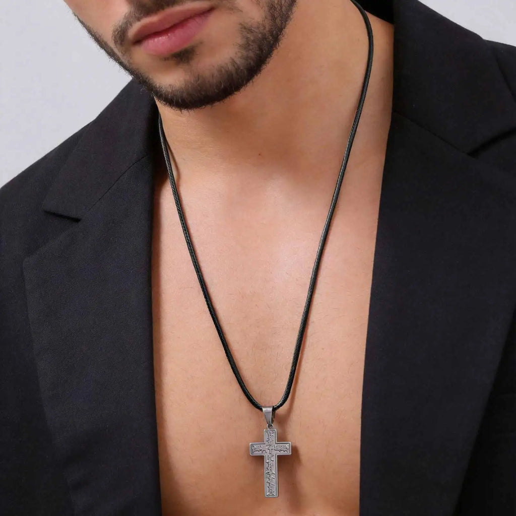 Vnox Men's Stainless Steel Thorn Crown Cross Pendant Necklace, Retro Brown Black Wax Rope Chain, Religious Jewelry