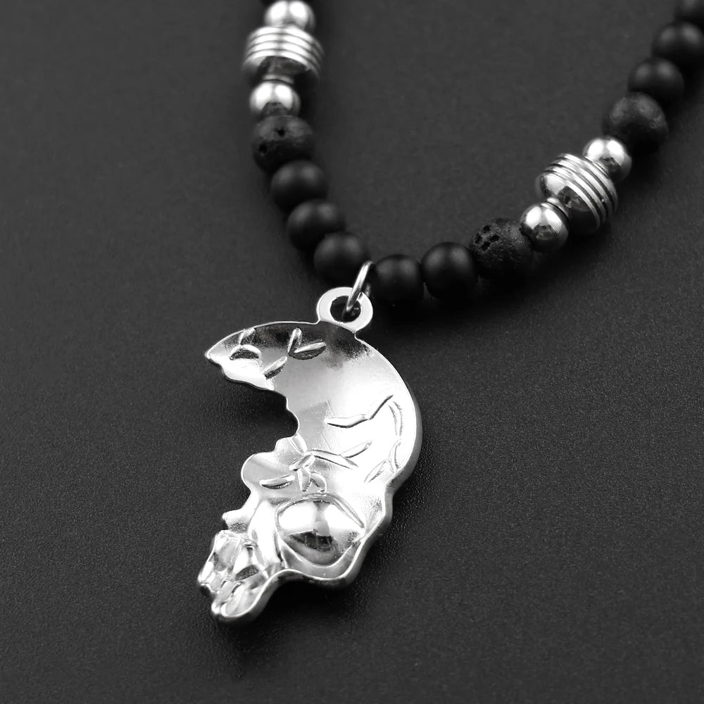 Gothic Half Skull Pendant Bracelet Black Lava Stone Beaded Adjustable Wax Rope Bracelets Men Punk Rock Jewelry