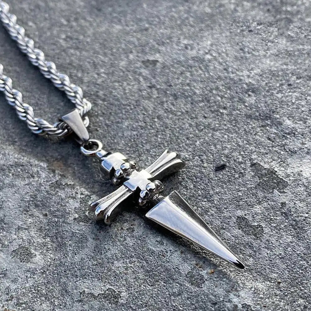 Stainless Steel Sword Cross Pendant Necklaces Twists or Link Chain Hip Hop Punk Choker Necklace for Women Men Jewelry