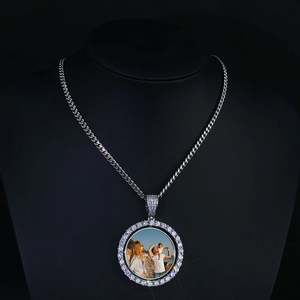 HHIOK Customized Necklaces Circle Chain Picture Personalized Diamond Memory Pendant with Photo Wing Design Gift for Men