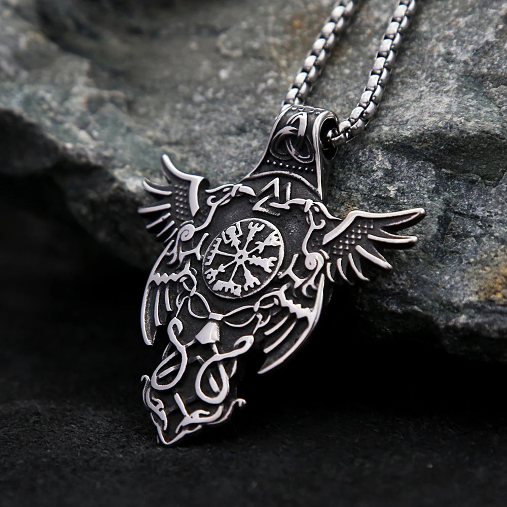 New Vintage Stainless Steel Nordic Odin Crow Pendant Necklace Fashion Viking Compass Necklaces Amulet Jewelry Gifts Dropshipping