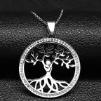 Iced Out Tree of Life Silver Necklace — Stainless Steel