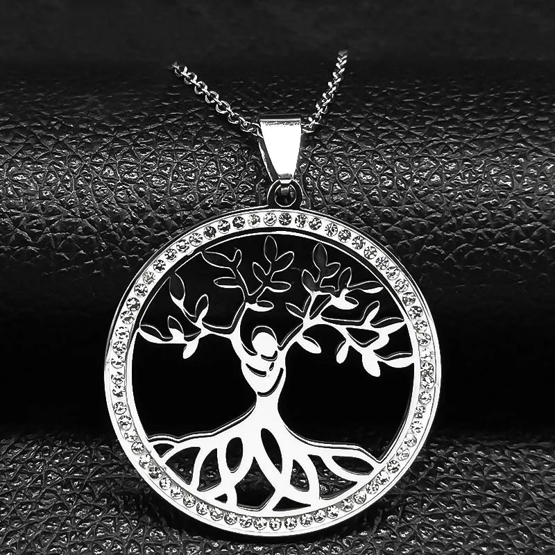 Iced Out Tree of Life Silver Necklace — Stainless Steel
