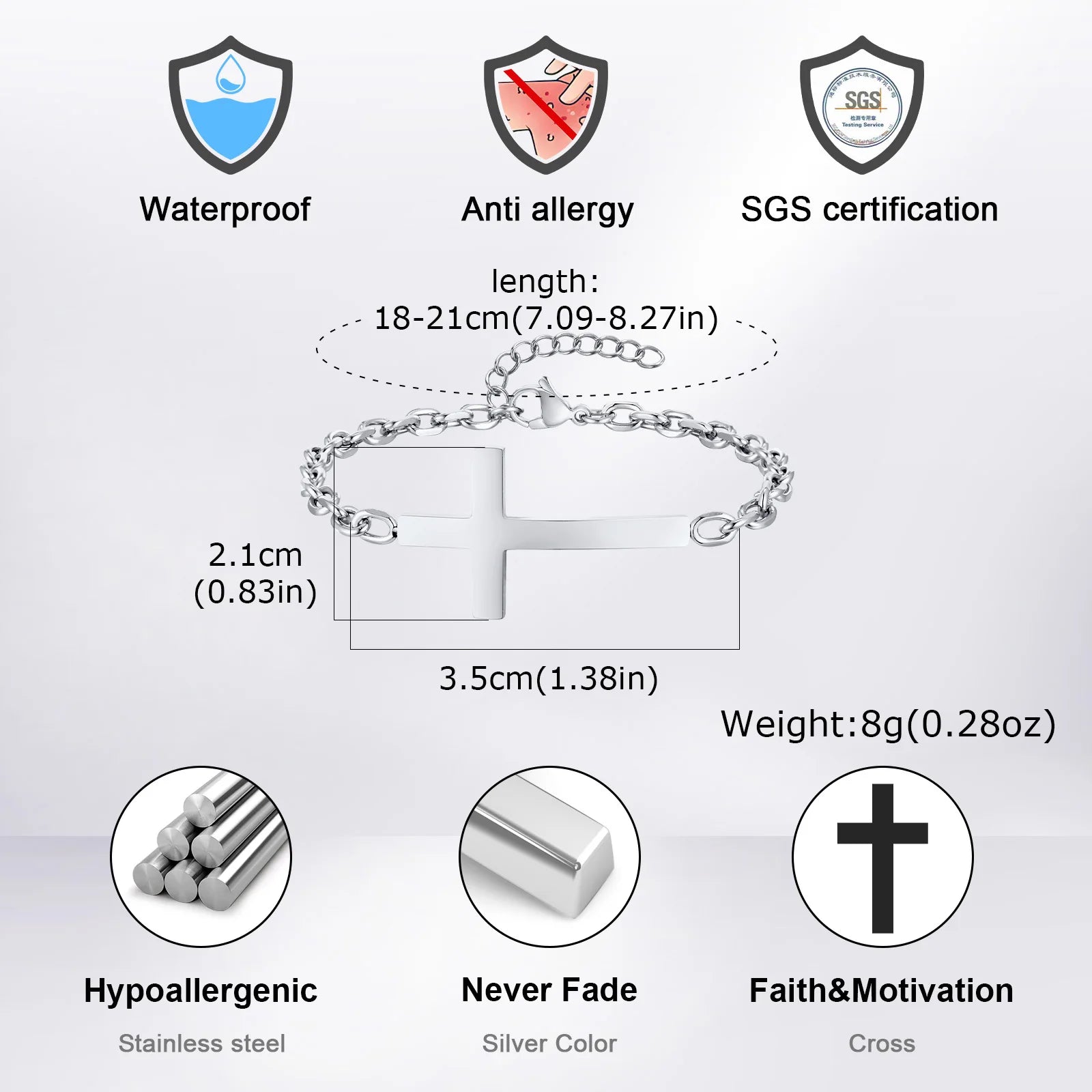 Vnox Stainless Steel Mens Cross Bracelets, Adjustable Rolo Link Chain Wristband, Christ Faith Jewelry Gift