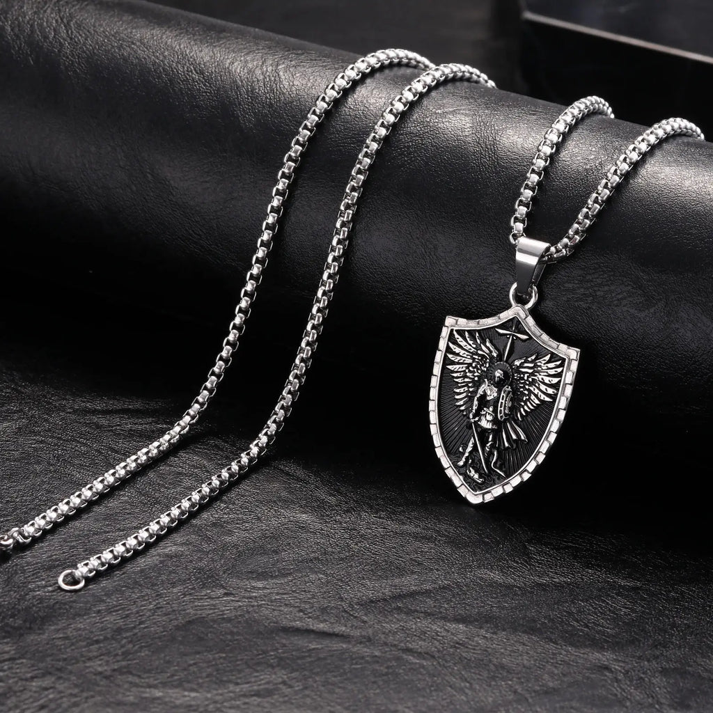 Vnox Archangel Saint Michael Shield Pendant Necklace Stainless Steel Vintage Protection Amulet Chain Jewelry Gifts for Men Women