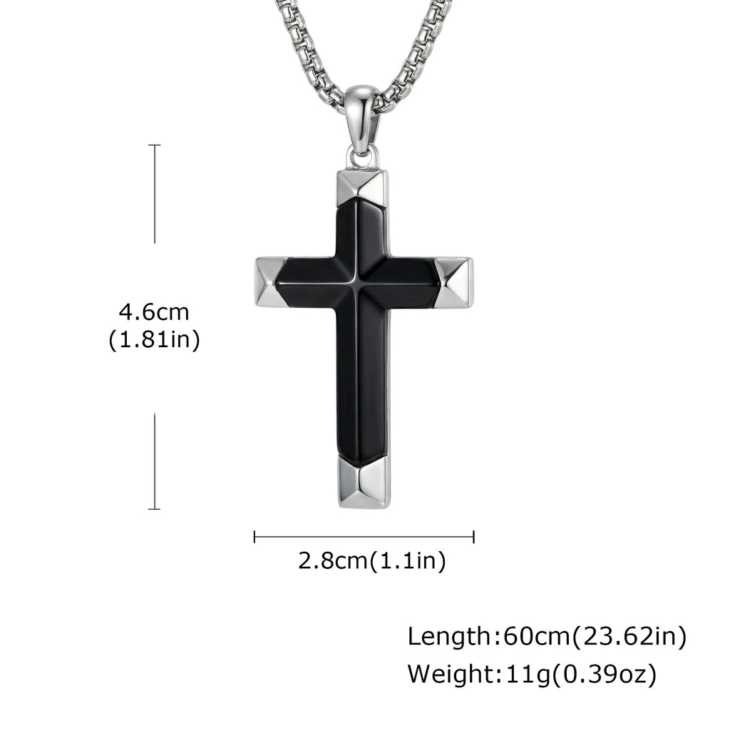 Luxury Natural Black Onyx Cross Necklace for Men,Waterproof Stainless Steel Cross Pendant,Jewelry Gift for Husband