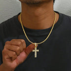 1PC Gold Plated Cross Pendant Necklace Men Zircon Paved Rope Chain Hip-hop Streetwear Daily Party Jewelry Accessory