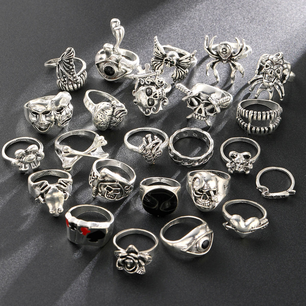 24 Pcs Gothic Skeleton Unisex Ring Set Punk Grunge Butterfly Frog Woman Man Jewelry Hip Hop Party Street Ring
