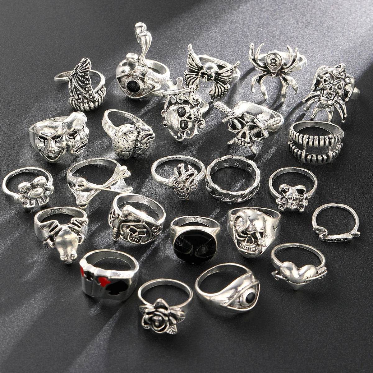 24 Pcs Gothic Skeleton Unisex Ring Set Punk Grunge Butterfly Frog Woman Man Jewelry Hip Hop Party Street Ring