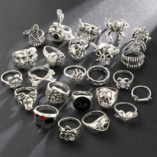 24 Pcs Gothic Skeleton Unisex Ring Set Punk Grunge Butterfly Frog Woman Man Jewelry Hip Hop Party Street Ring