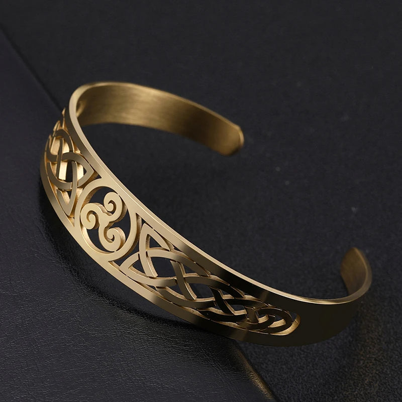 VASSAGO Viking Celtic Knot Cuff Bracelet Men's Nordic Triskele Symbol Irish Stainless Steel Bangle Vintage Amulet