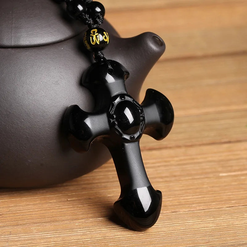 Drop Shipping Natural Black Obsidian Carved Cross Lucky Pendant + Beads Necklace for Woman Man Crystal Jade Charm Gift Jewelry