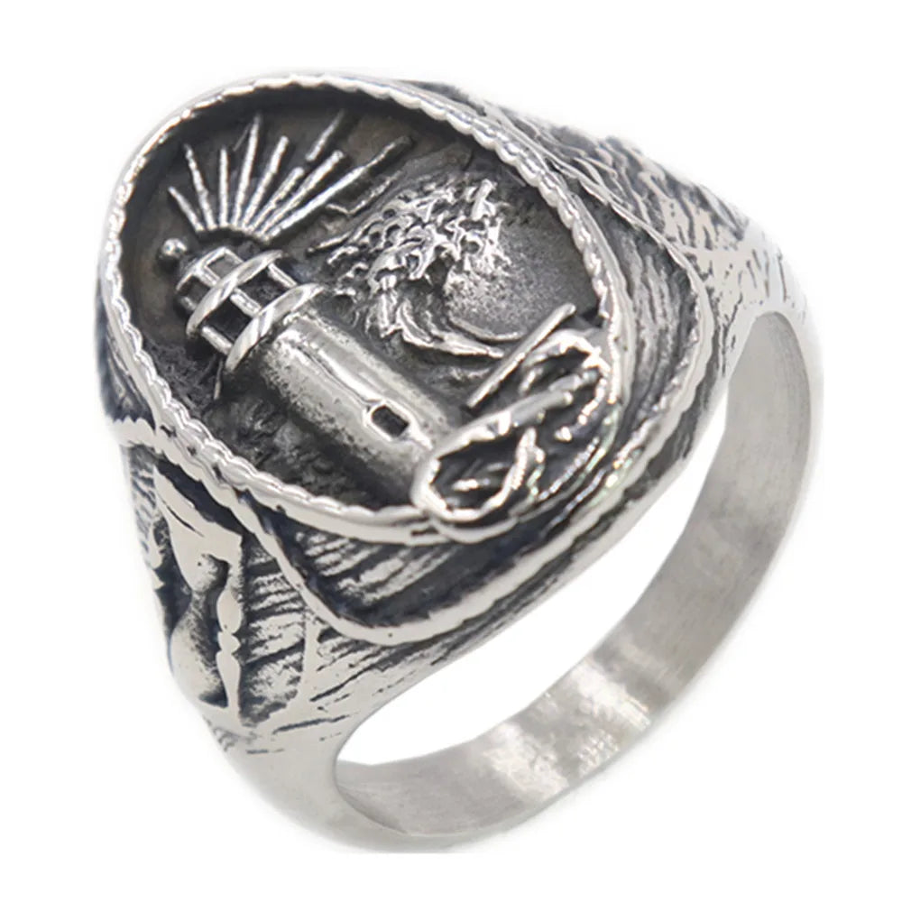 Retro Ocean Lighthouse Ring for Men — Stainless Steel