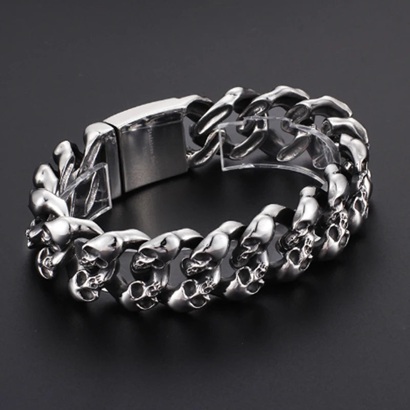 Personalized Skull Bracelet Men‘s Punk Chunky Stainless Steel Accessories Polished Gold Color Cuban Chain Trendy Jewelry
