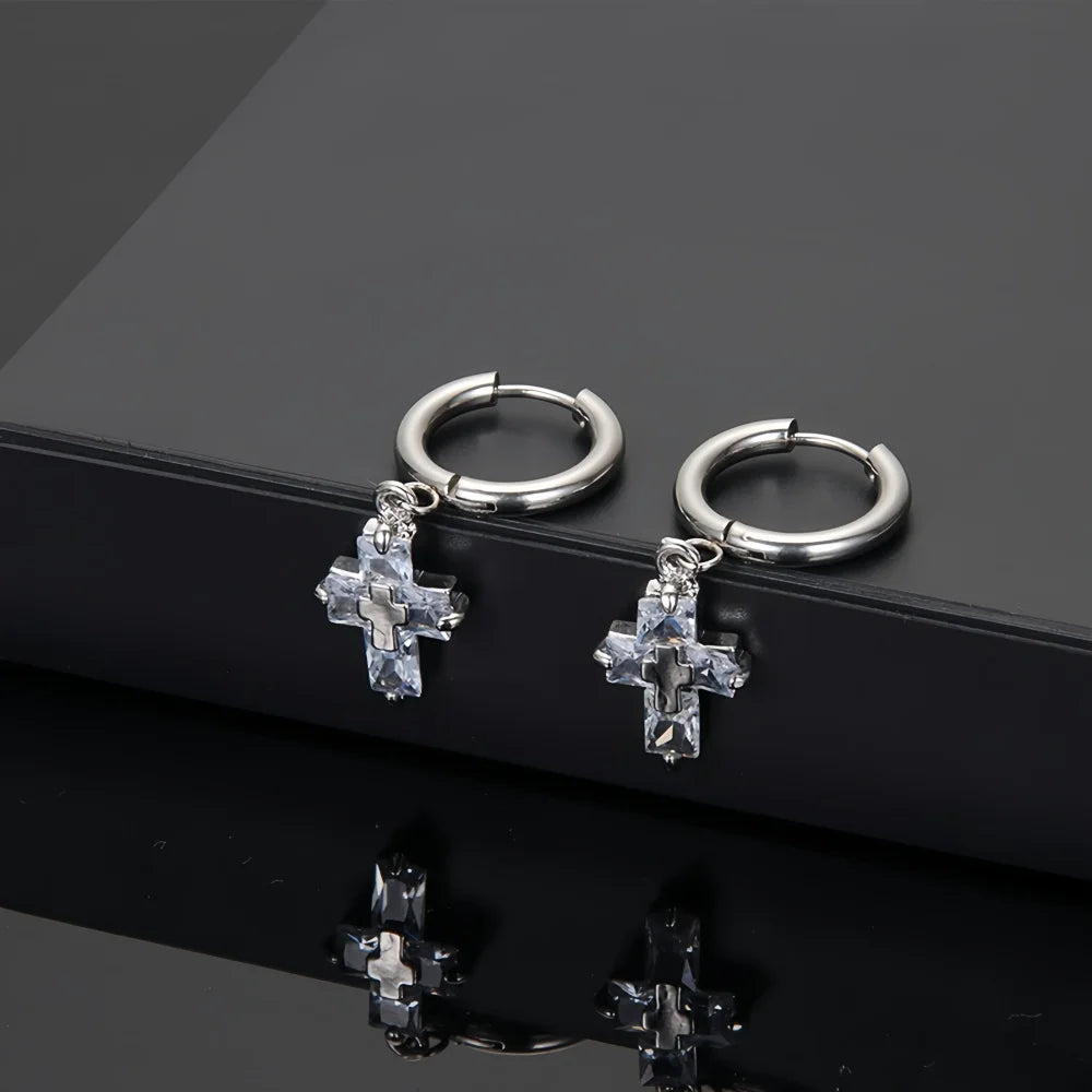 Retro Crystal Zircon Cross Drop Earrings — Silver-Tone