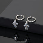 Retro Crystal Zircon Cross Drop Earrings — Silver-Tone