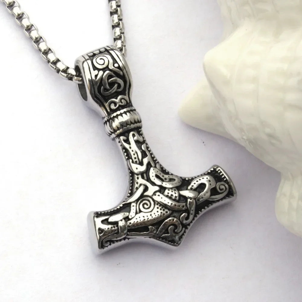 Vintage Odin Viking Hammer Pendant Necklace for Men Stainless Steel Chain Party Jewelry