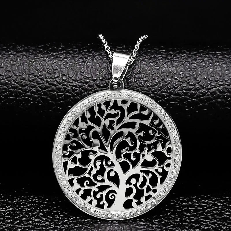 Iced Out Tree of Life Silver Necklace — Stainless Steel