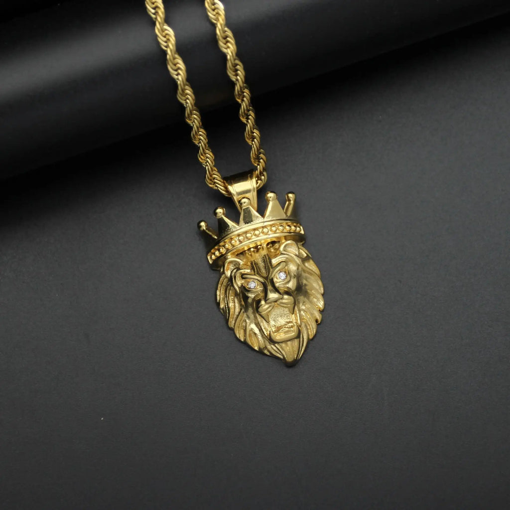 hip hop Lion crown Pendant Necklace For Men Gold color 316L Stainless Steel Jewelry