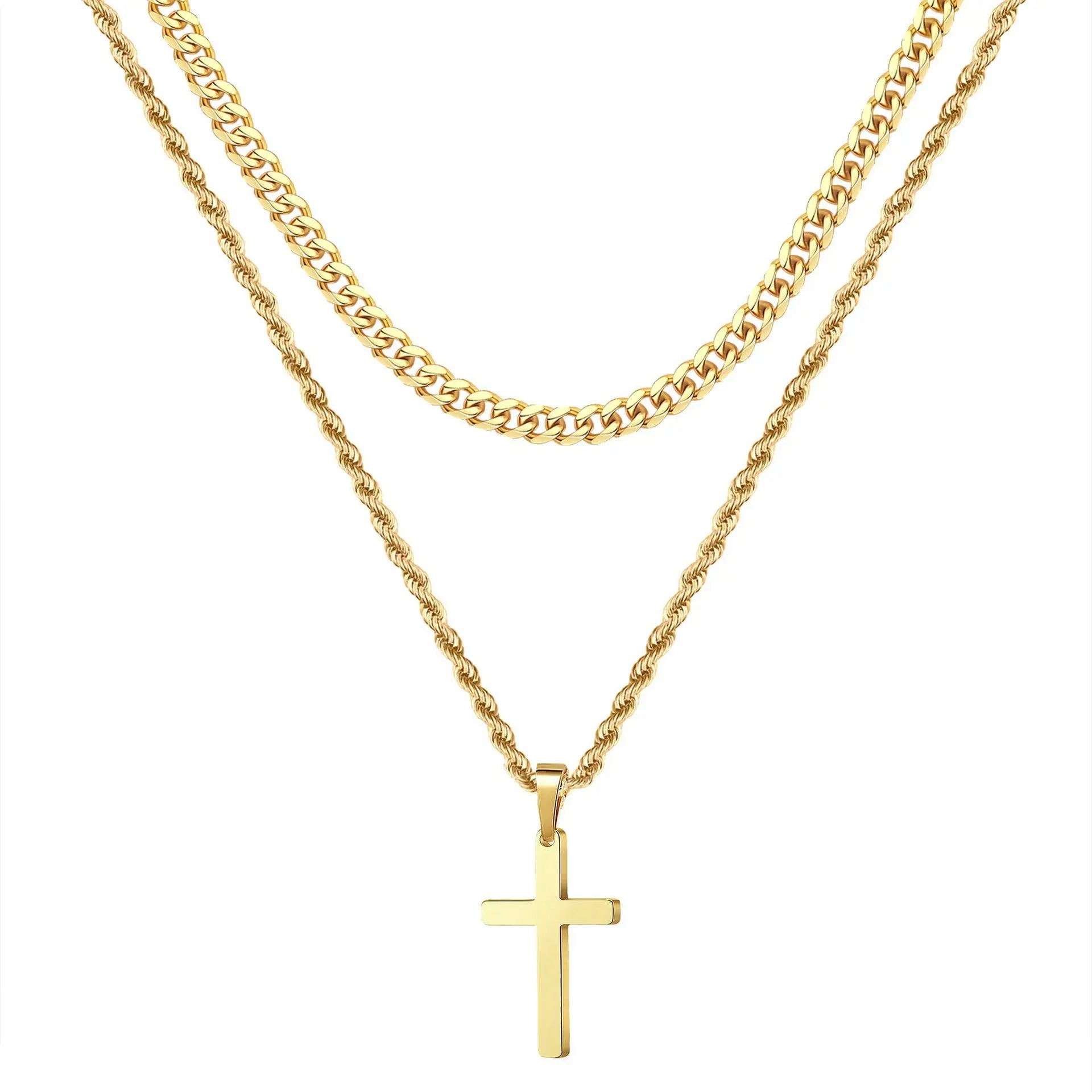 Cross Two-Tone Pendant Double Chain Necklace