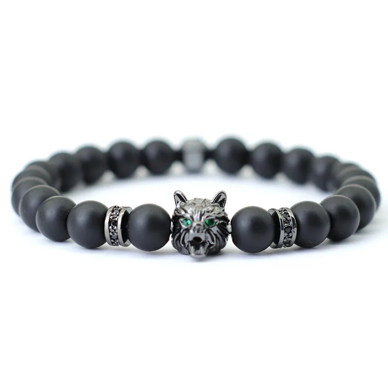 Noter Hiphop Men Bracelet Beaded 8mm Onyx Stone Braclet Wolf Lion Animal Braslet Punk Jewelry Pirate Skull Brazalete