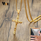Vnox Cross Necklace for Men Women,Catholicism Jesus Pendant,Gold Color Stainless Steel Unisex Collar,Church Prayer
