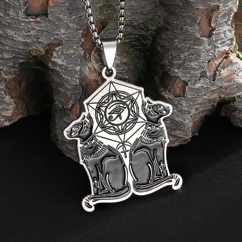 Eye of Horus Moon Goddess Bastet Stainless Steel Necklace for Men Women Mystical Ancient Egyptian Amulet Jewelry Gift