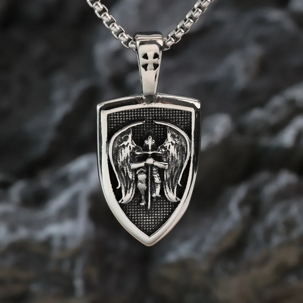 316L Steel Archangel Pendant - St Michael Necklace for Men, Catholic Amulet Jewelry, Vintage Baptism Gift Religious Accessories