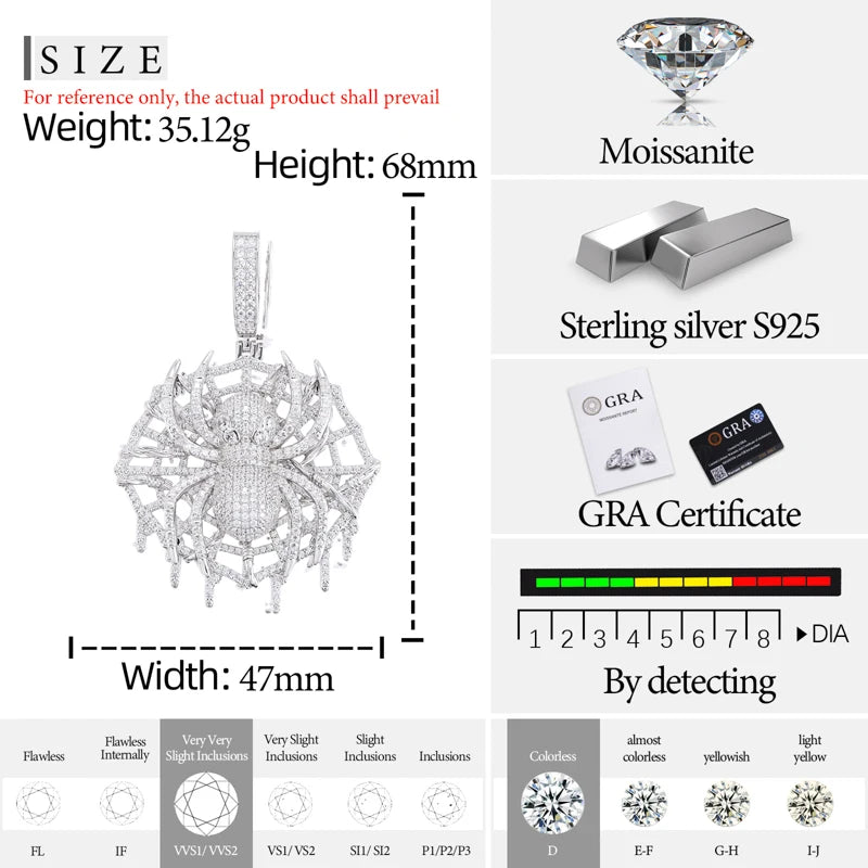 TUHE Hight Quality VVS1 Moissanite Spider pendant 925 Sterling Silver Pendant For Men Hip Hop Jewelry