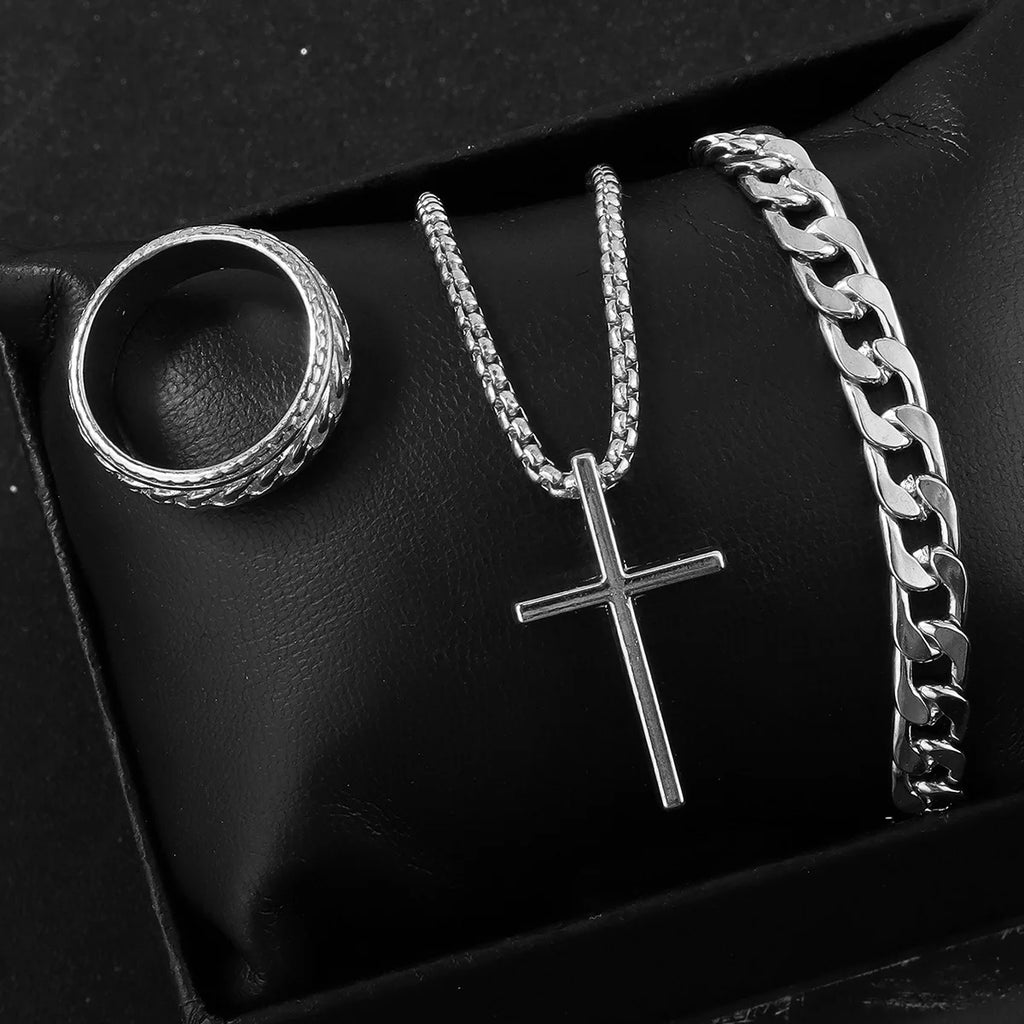 Black Cross Cuban Chain Necklace Ring Bracelet Set