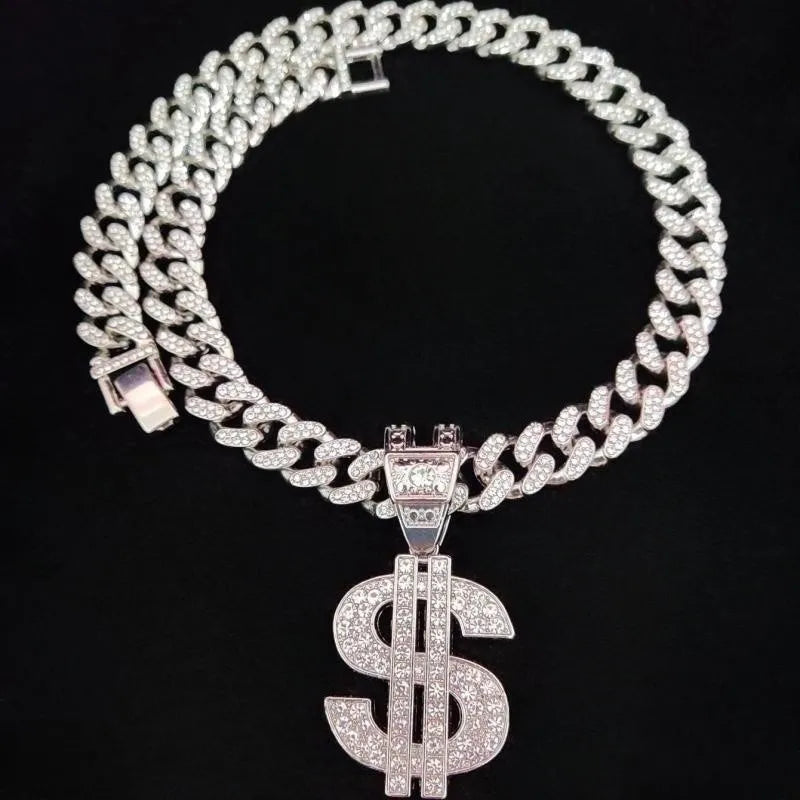 Men Women Hip Hop Dollar Pendant Necklace with 13mm Cuban Chain Hiphop Iced out pendants Necklaces Fashion Punk Jewelry