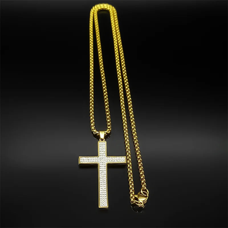 Trendy Cross Rhinestone Pendant Necklace For Women Men Stainless Steel Silver Color Religion Catholic Chain Jewelry
