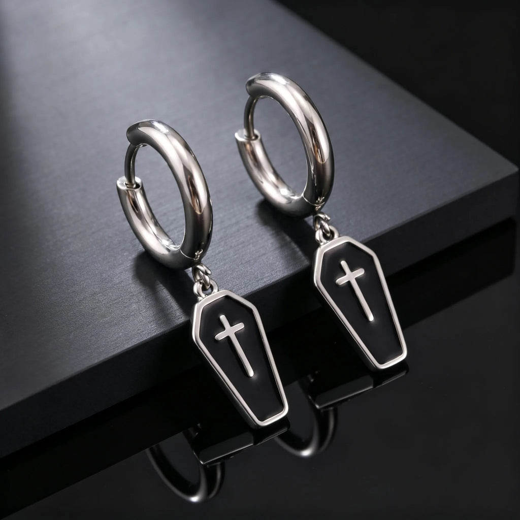 Gothic Coffin Cross Dangle Earrings for Men — Stainless Steel