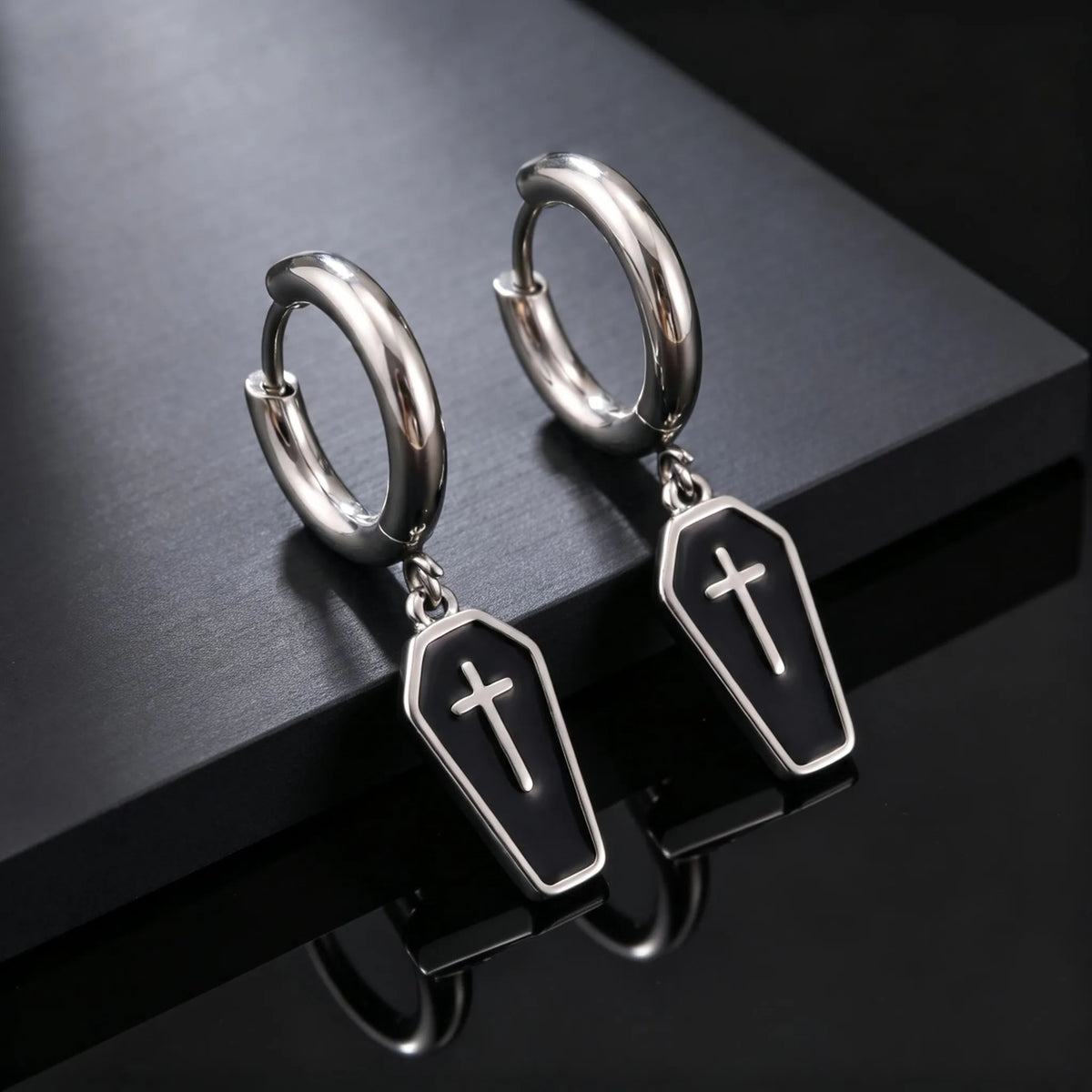 Gothic Coffin Cross Dangle Earrings for Men — Stainless Steel
