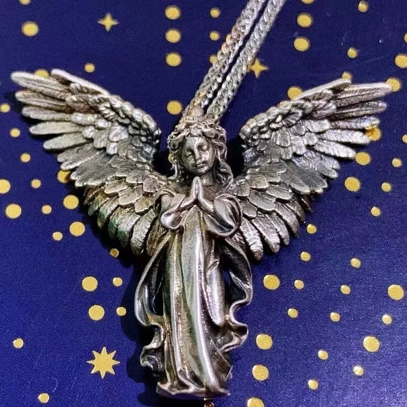 Vintage Distressed Angel Wings Pendant Necklace — Two-Tone