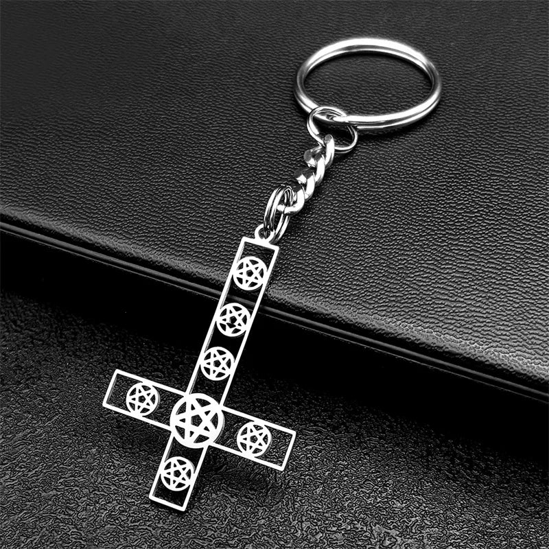 Inverted Cross Key Chain — Stainless Steel