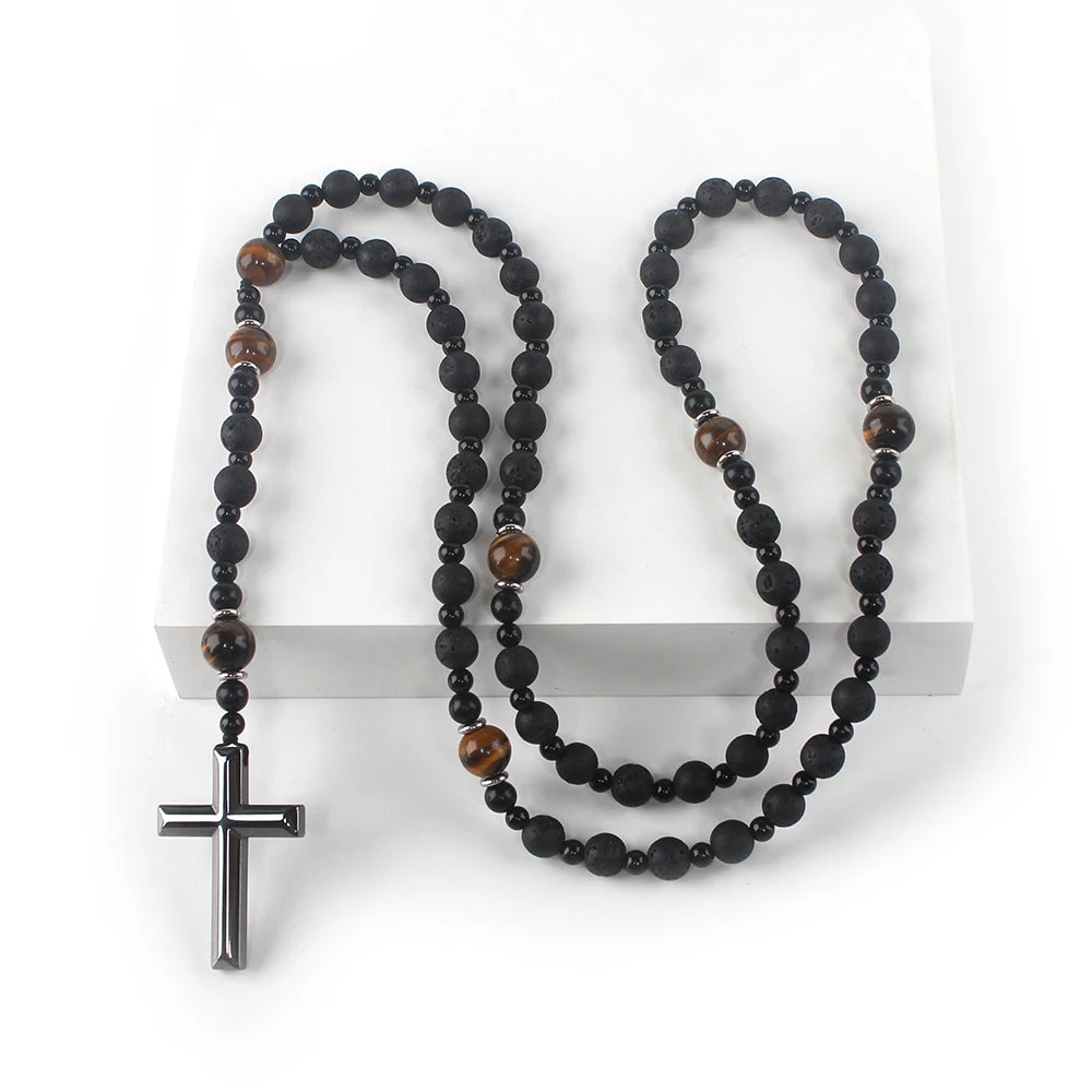 Natural Lava Stone Round Beads Yellow TIger-eye Hematite Cross Pendant Necklace for Men
