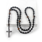Natural Lava Stone Round Beads Yellow TIger-eye Hematite Cross Pendant Necklace for Men
