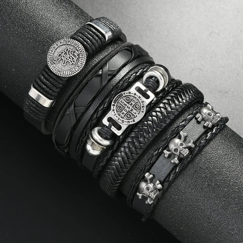 Fashion Vintage Multi Layer Men’s Bracelets Cross Bone Skull Head Retro Scripture Wolf Head Punk Style Leather Bracelets Gifts